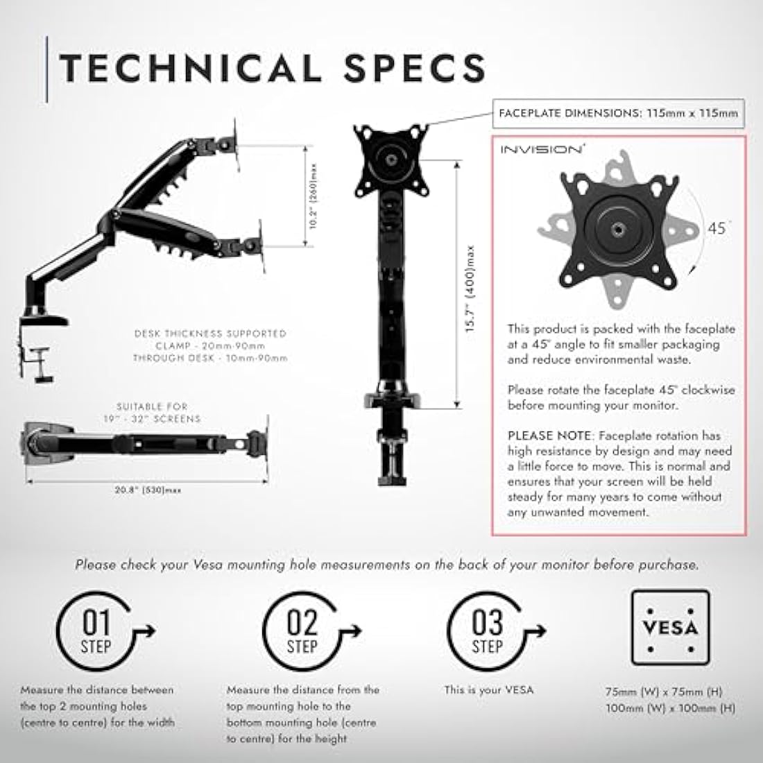 Invision Single Monitor Arm Desk Mount for 19-32 Inch Screens - VESA 75/100mm Stand Desk Clamp - Tool Free Height Adjustment with Tilt Swivel Rotate - Increased Load Capacity from 2-9kg (MX200)