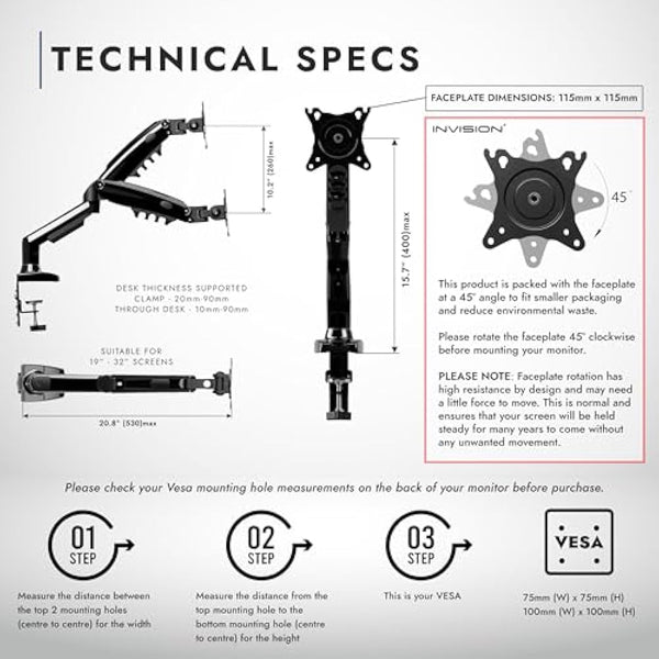 Invision Single Monitor Arm Desk Mount for 19-32 Inch Screens - VESA 75/100mm Stand Desk Clamp - Tool Free Height Adjustment with Tilt Swivel Rotate - Increased Load Capacity from 2-9kg (MX200)