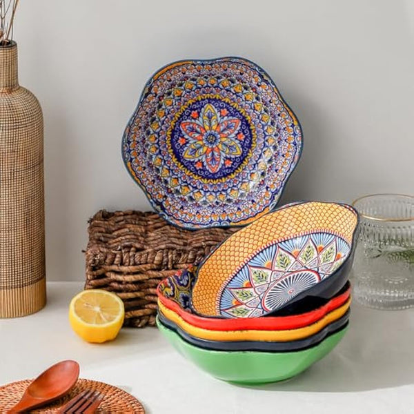 HENXFEN LEAD Porcelain Salad Bowl, 590ml Dessert Bowl Cereal Bowl, Multifunctional Flower Shaped Pasta Bowl for Ice Cream, Rice, Dessert, etc. Colourful, Pack of 6 - Bohemian Style