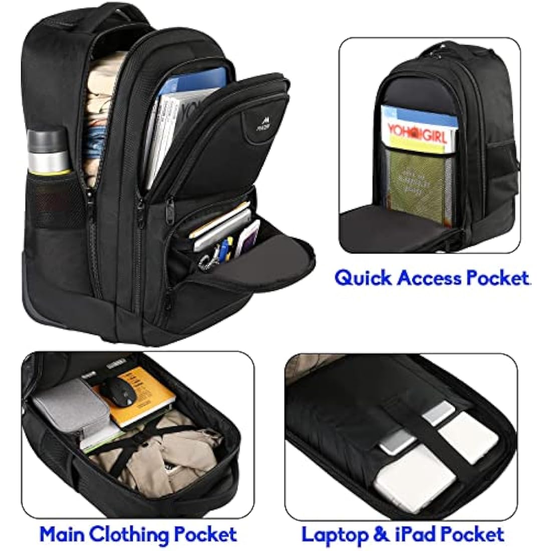 MATEIN Travel Backpack with Wheels, Rucksack with Wheels Cabin Size Wheeled Backpack 17inch Laptop Trolley Business Cabin Bag Carry On Suitcase Hand Luggage School Backpack for Women, Men, Uni, Black