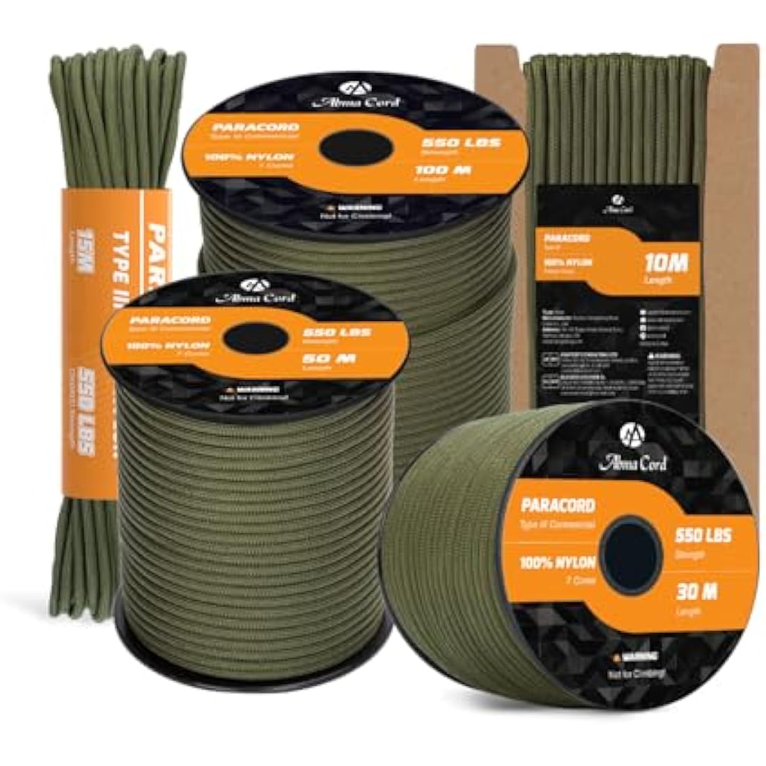 Abma Cord Paracord 550 4mm 100m 100% Nylon Rope Type III 7 Strands Parachute Cord for DIY, Camping, Survival, Outdoor - Max. 250kg - Army Green
