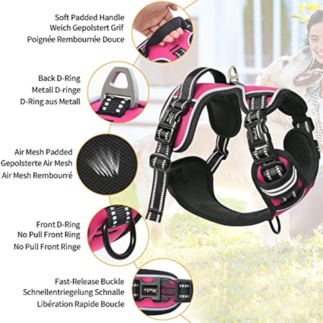 HEELE No Pull Dog Harness, Release on Neck, Reflective Adjustable with Front Back 2 Leash Attachments and Soft Padded Control Handle for Small Medium Large Dogs, Fuchsia, XL