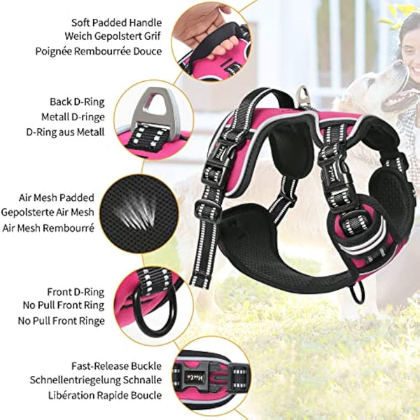 HEELE No Pull Dog Harness - Reflective, Adjustable with Front/Back Leash Attachments & Soft Padded Control Handle for Small to Large Dogs, Fuchsia, L