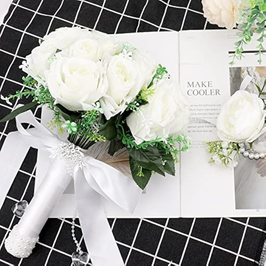 Gukasxi Bridal Bouquet Artificial Rose and Wrist Flower - Wedding Bouquet for Bride and Bridesmaid, Romantic Artificial Flowers for Valentine's Day, Confession Party, Church