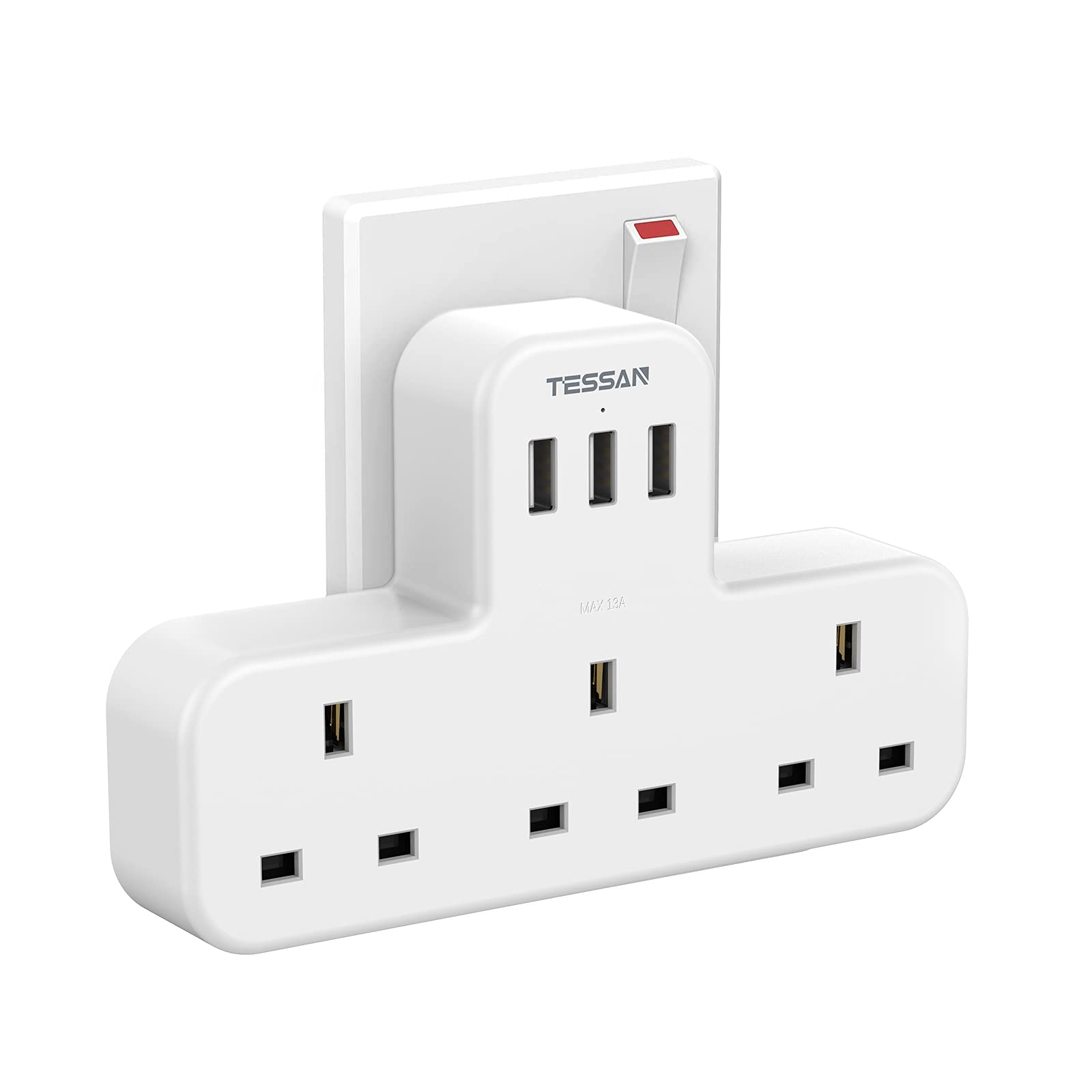 Plug Adapter, TESSAN Plug Extension Socket with 3 USB, 3 Way UK Multi Outlets Extender, Wall Charger for School Home, Kitchen, Office, School Supplies