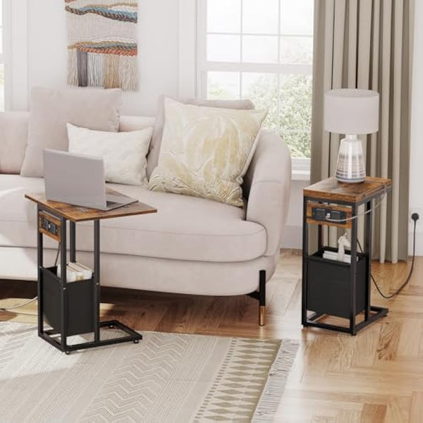 HOOBRO Bedside Table with Charging Station, C Shaped Side Table, Foldable Sofa Side Table Small Tables, 2 USB Ports and 2 AC Outlets, Laptop Table with Fabric Bag, Rustic Brown and Black EBF30KSF01