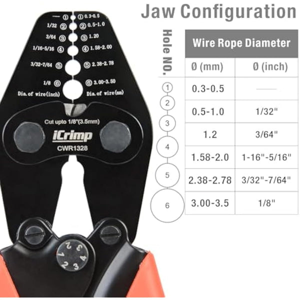 iCrimp CWR1328 Wire Rope Crimping Tool, Hand Swaging Tool for 0.3mm–3.5mm Diameter Wire Rope, Integrated Cutter for Aluminum Oval Sleeves and Stop Sleeves, Ideal for Cable Railing and Fishing