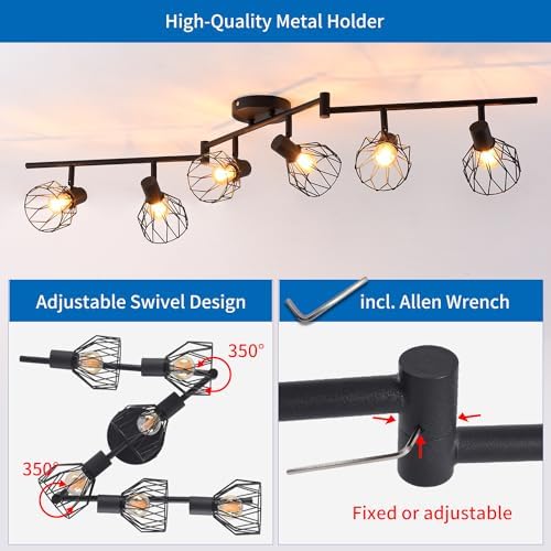ANWIO Kitchen Spot Lights Ceiling,6 Way Black Lounge Industrial Wall Lights-Adjustable SpotLights Ceiling Lights Wire Cage with E14 Base,Light Fittings Ceilings for Kitchen Living Room(EUC-EA190813)