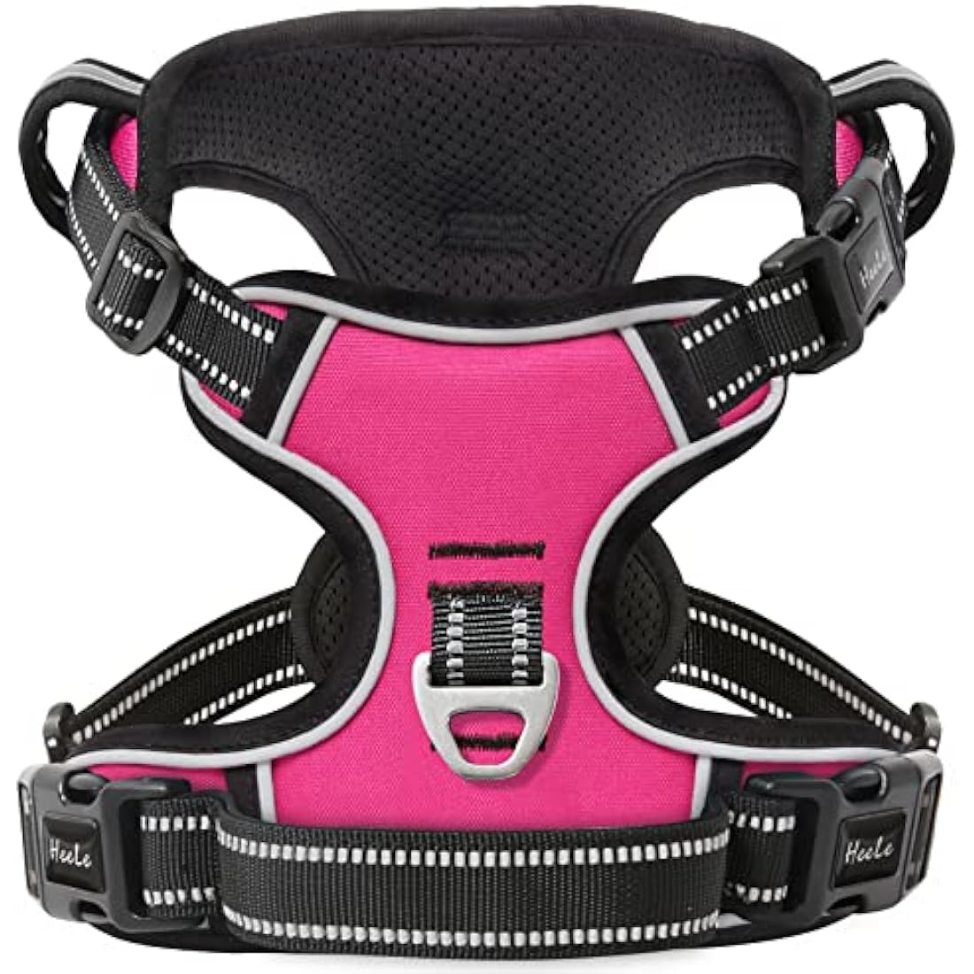 HEELE No Pull Dog Harness, Release on Neck, Reflective Adjustable Dog Harness with Front Back 2 Leash Attachments and Soft Padded Control Handle for Small Medium Large Dogs, Fuchsia, S