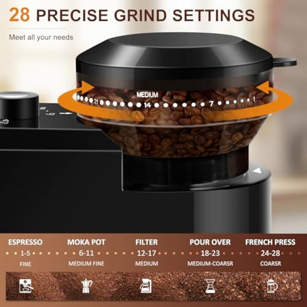 Electric Burr Coffee Grinder,Adjustable Coffee Grinder with 28 Precise Grind Setting for French Press, Drip Coffee and Espresso,12 Cups (Black)