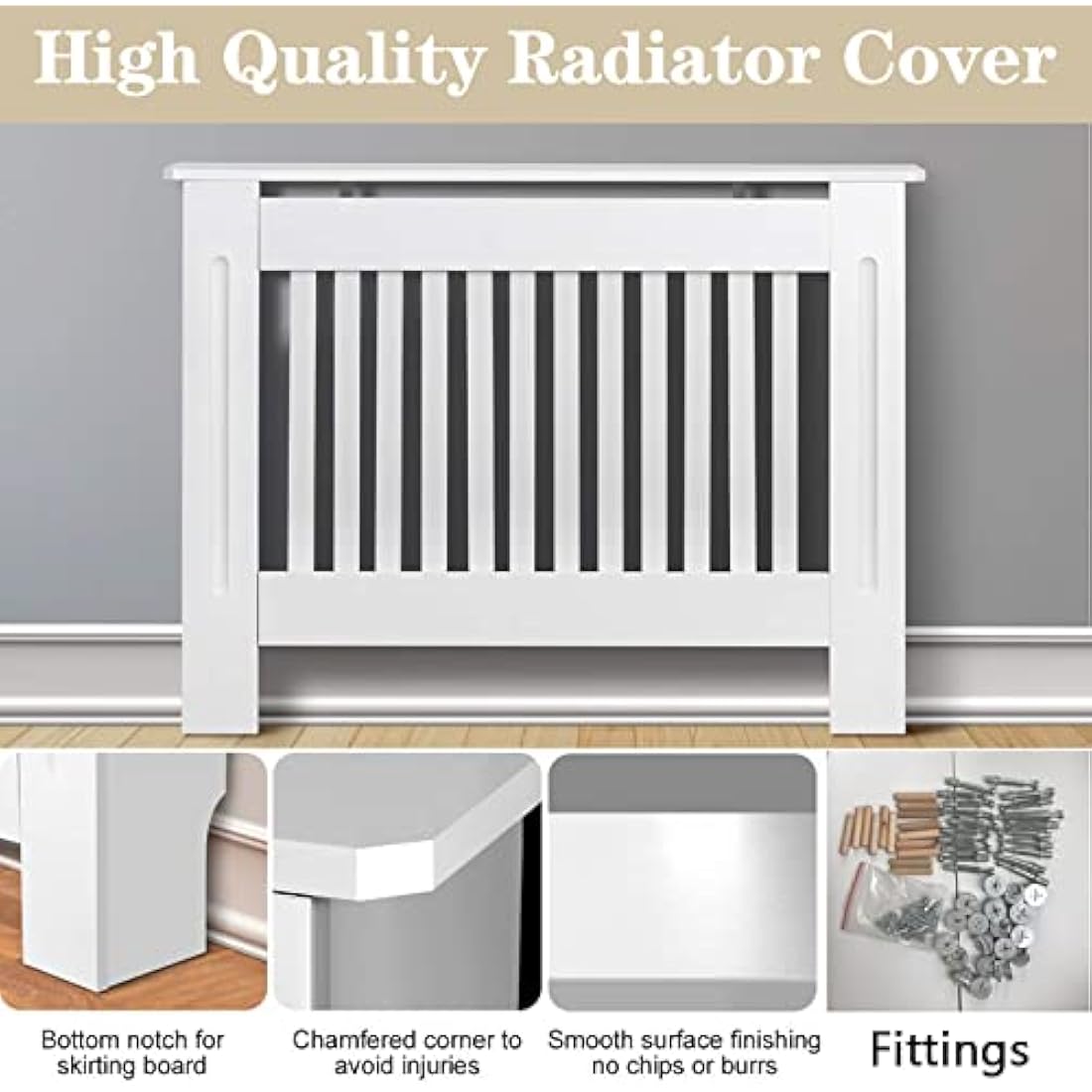 Royalswill Radiator Cover Small, White Painted Vertical Slatted Grill Cabinet Shelf, Tall Covers, MDF Wooden Heating Living Room Furniture Hallway 78(L) x 19(D) 82(H)cm