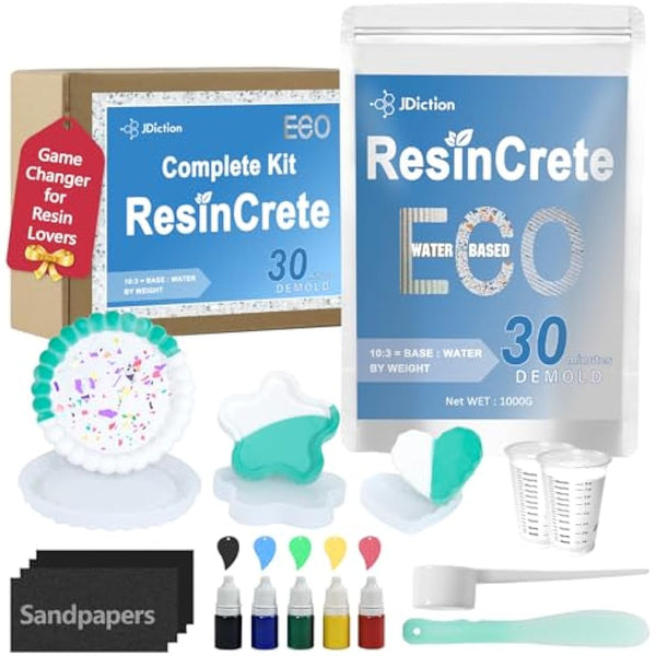 JDiction ResinCrete Kit, Complete Kit Easy for Beginners, Fast Curing, One Hour Demold, Includes Water-Based Eco-Friendly Powder, Molds, Paints & Brushes (1000g Classic Kit)