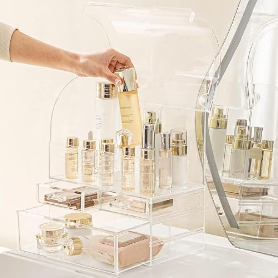 SIOOUI Cosmetic Organizer, Large Acrylic Clear Cosmetics Storage Display Case with Drawers, Perfume Makeup Organizer Box with Waterproof Cover for Bedroom Vanity Desk,Counter, Bathroom, Dresser