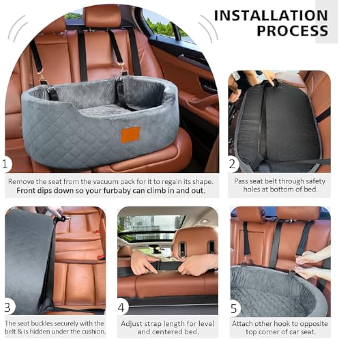 Dog Car Seat for Large/Medium Dogs Under 55 lbs, Travel Bed with thick Washable Booster Pet Car Seat with Non-Slip Base, Fits SUV & Car Back Seat (Gray)