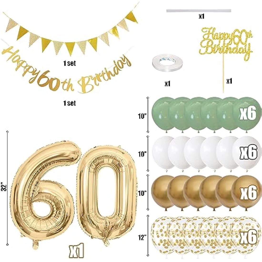 Jobkoo 60. Geburtstag Deko Salbeigrüne Banner 60 Geburtstag Girlande Zahl 60 Luftballons Geburtstag Tortendeko Grün Weiß Gold Party Ballons 60.ter Geburtstag Dekoration 60. Grün Gold