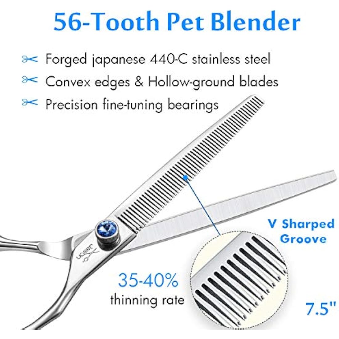 JASON 7.5" 56 Teeth Blending Dogs Grooming Scissors Cats Thinning Shears Pets Blender Thinner Trimming Texturizing Kit with Offset Handle Blue Jewelled Screw