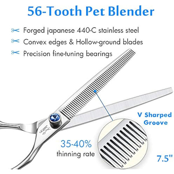 JASON 7.5" 56 Teeth Blending Dogs Grooming Scissors Cats Thinning Shears Pets Blender Thinner Trimming Texturizing Kit with Offset Handle Blue Jewelled Screw