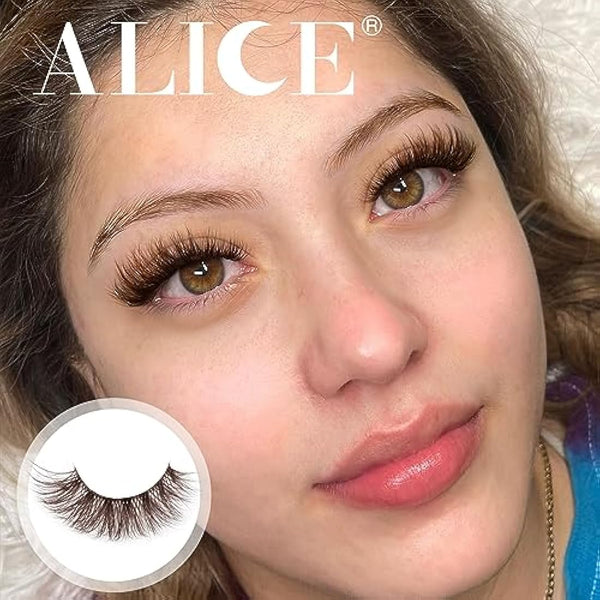 ALICE Brown Lashes False Lashes Natural Look 17mm Eyelashes Cat Eye Faux Mink Lashes with Clear Band Wispy Fake Eyelashes Lash Strips 8 Pairs