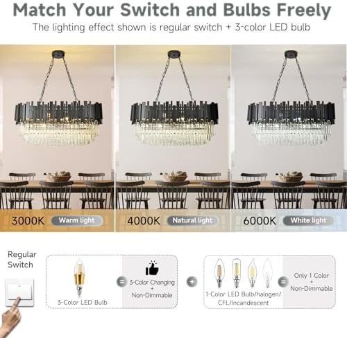 AOOCHOK Modern Crystal Chandelier Black Pendant Light Fixtures, Oval Crystal Pendant Lighting for Living Room, Dining Room, Bedroom, Restaurant, E14 x 8, 80 x 35 cm