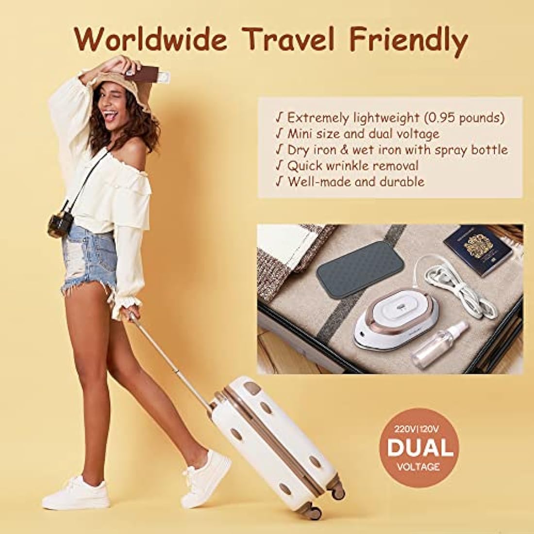 Newbealer Travel Iron - Mini Iron with Dual Voltage-220V/120V for Clothes, Compact Iron with Small Pouch for Global Travel, Quilting & Sewing, Gold