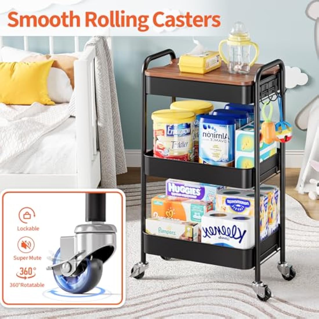 KINGRACK 3 Tier Metal Storage Trolley on Wheels with Removeable Wooden Worktop Trap Table Cover, Beauty Book Craft Tea Art Trolley for Home Bathroom Kitchen Laundry, No screws needed Easy