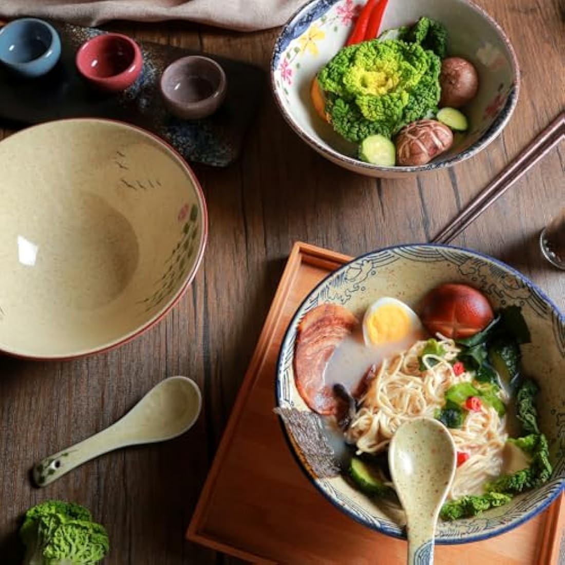 HLWDXno1 Ramen Bowl Set of 2 Ceramic Noodle Bowl with Chopsticks & Spoons 1200ml Large Soup Bowls Japanese Style Retro Porcelain Microwave Tableware Ramen Gift Set for Salad,Pho,Pasta,Udon, Fish