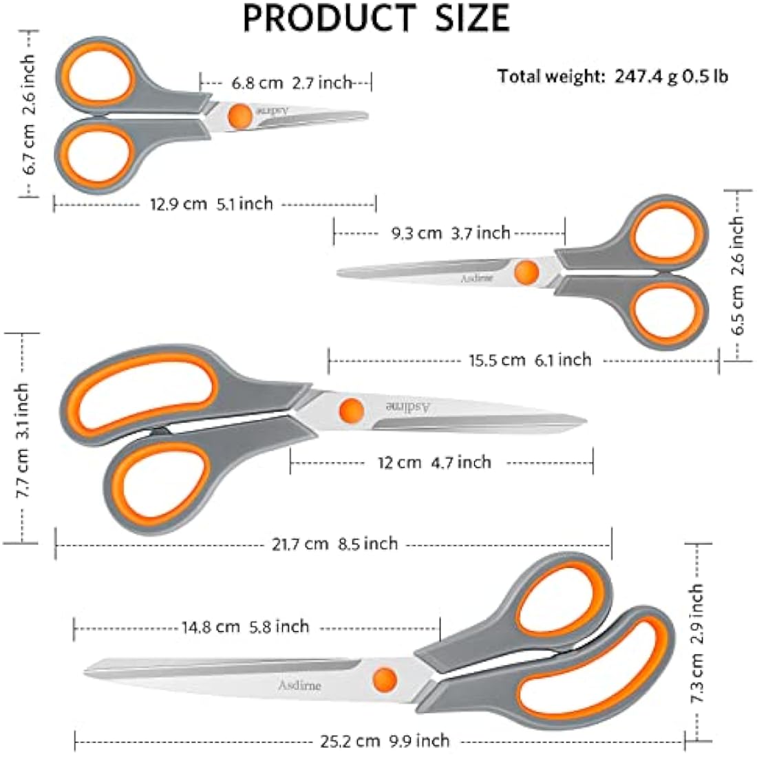 Asdirne Stainless Steel Scissors, Modern Style, Soft Grip Handle, 4 Pcs Pack - Orange