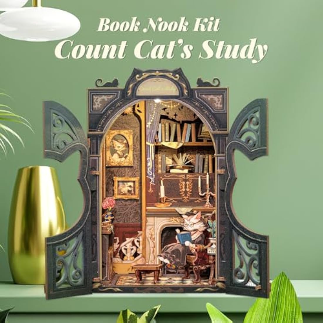 Fsolis Book Nook Kits for Adults, 3D Wooden Puzzles Book Nook, Diy Miniature House Kit Bookshelf Decor Tiny House Model Kits Gifts for Friend (Count Cat's Study)