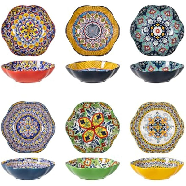 HENXFEN LEAD Porcelain Salad Bowl, 590ml Dessert Bowl Cereal Bowl, Multifunctional Flower Shaped Pasta Bowl for Ice Cream, Rice, Dessert, etc. Colourful, Pack of 6 - Bohemian Style