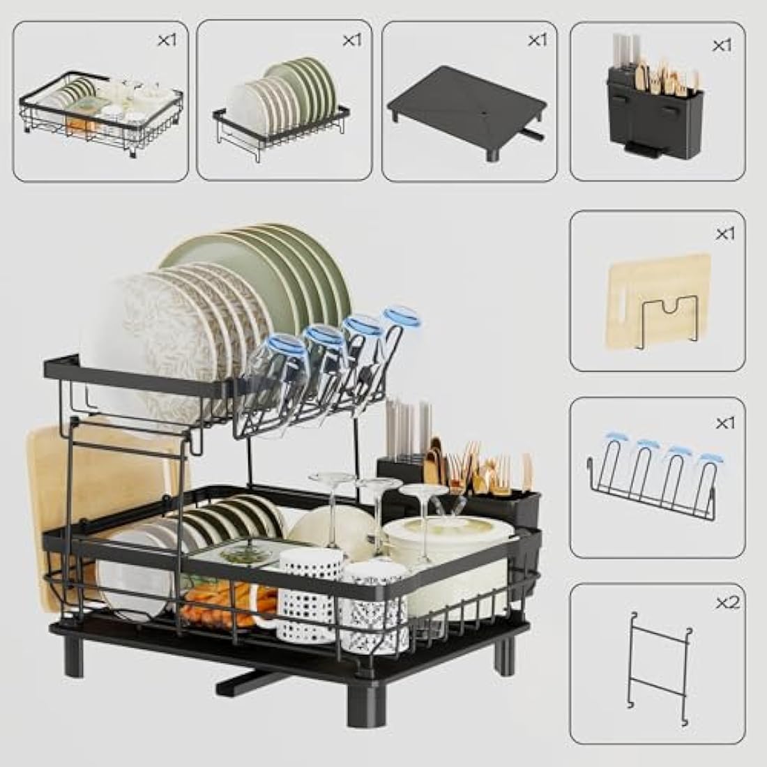 2 Tier Dish Drainer Rack for Kitchen with Drip Tray, Sink Drainer with 360° Swivel Drainage Spout, Dish Drying with Cups, Utensil & Cutting Board Holders for Kitchen Counter Space-Saving, Black