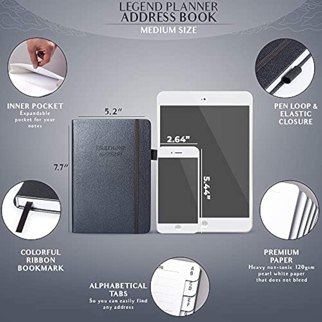 Legend Planner Address Book with Alphabetical Tabs –Telephone Contacts Book for Phone Numbers, Addresses, Passwords, Medium (Mystic Grey)
