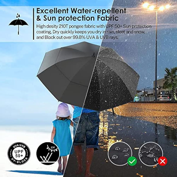 KOLER Golf Umbrella 62 Inch, UV Sun Protection Large Umbrellas Double Vented Canopy Auto Open, Windproof & Rainproof & Sunproof Extra Oversize Golf Stick Umbrella for Men and Women - Black