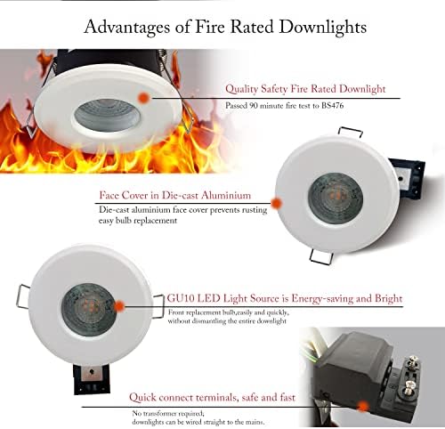 4XSweier 90 Minute Fire Rated LED Downlights, IP65 Waterproof Bathroom Ceiling Spotlight,230V GU10 Downlight （Bulb not Included） (White, Set of 4)