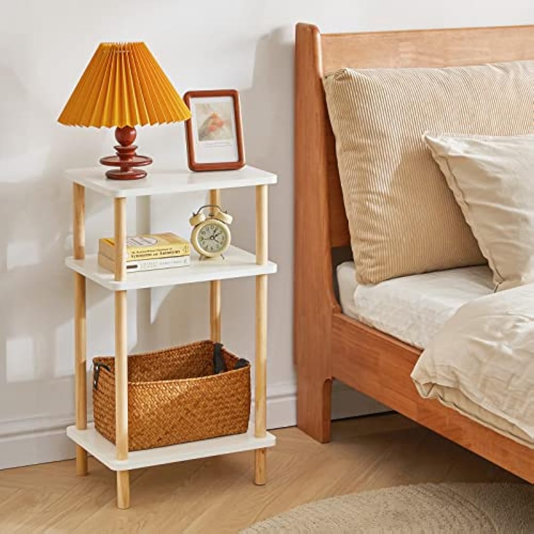 IBUYKE 3-Tier Side Table, Narrow End Table with Storage Shelf, Nightstand Bedside Table for Small Spaces, Bedroom, Living Room, Entryway, Farmhouse, No-Tool Assembly, White WST003W