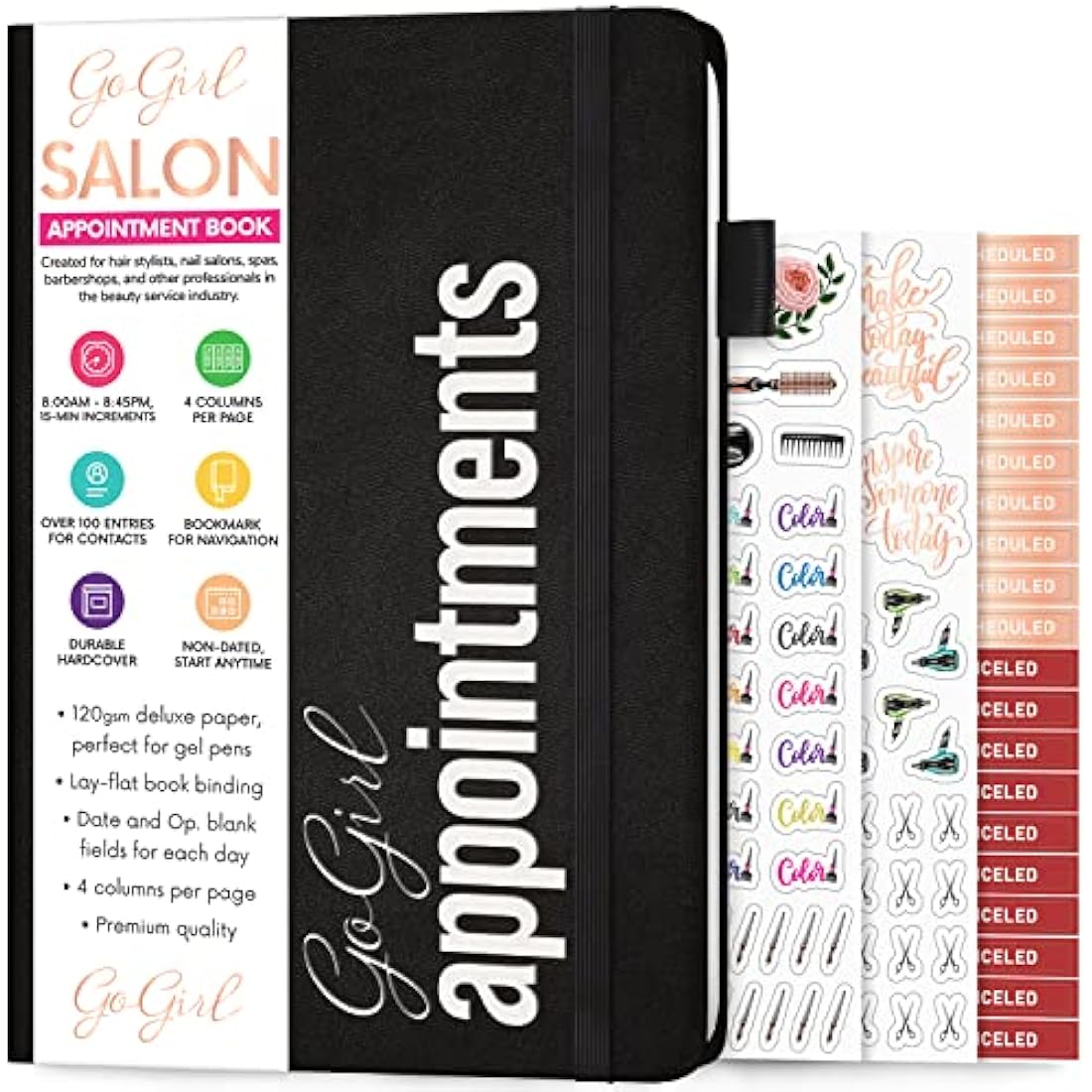 GoGirl Salon Appointment Book – Reservation Book for Beauty Salons, Spas, Hair Stylists, Estheticians – Appt Booking Planner, 18x25.5cm (Black)