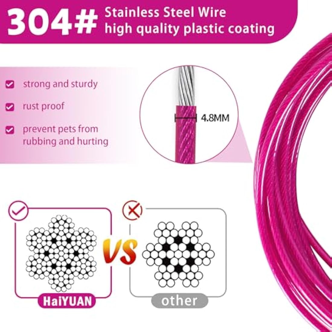 HaiYUAN Dog Tie Out Cable 10/15/20/25/30FT Dog Run Cable Rosy Pink/Blue/Purple/Silver/Red/Green/YellowTie Out Cable for Large Dogs Heavy Duty for Outside Hold Large Dogs Up to 250LBS