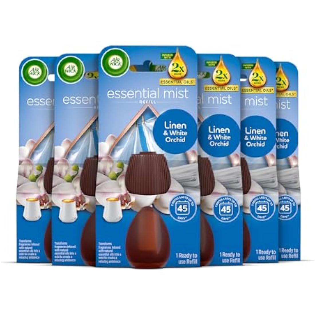 Air Wick Essential Mist Refills, Linen & White Orchid, Pack 6 x 20ml, Natural Essential Oils, Last up to 270 days, Air freshener