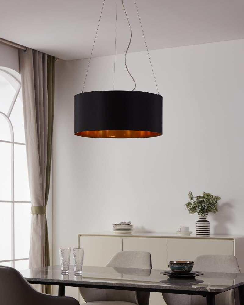 Eglo Maserlo 3-Flame Textile Pendant lamp, Steel and Fabric Hanging Light, Colour: Matt Nickel, Black, Gold, Socket: E27, : 53 cm/20.8 inches