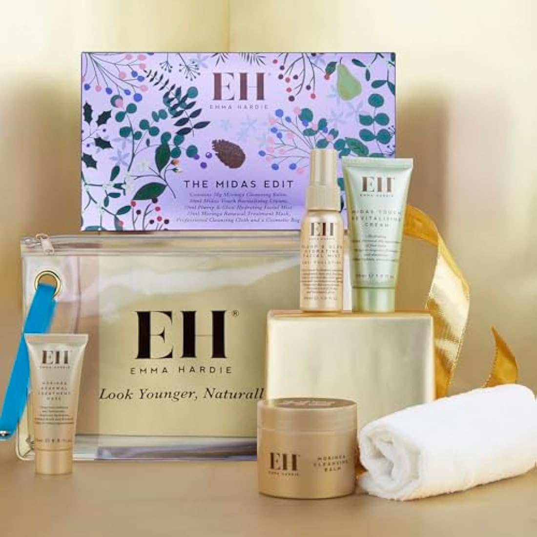 Emma Hardie The Midas Edit Gift Set, Featuring 4 Luxurious Skin Care Products & Cleansing Cloth, Packed in a Convenient Cosmetic Bag, Perfect as Holiday Mini Travel Beauty Set, Natural & Cruelty Free