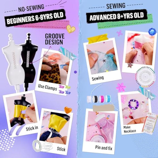 1000+Pcs - Fashion Designer Kit for Girls with 6 Mannequins- Creativity DIY Arts & Crafts Kit Learning Toys Sewing Kit for Kids- Teen Girls Kids Birthday Easter Gift Present Age 6 7 8 9 10 11 12+
