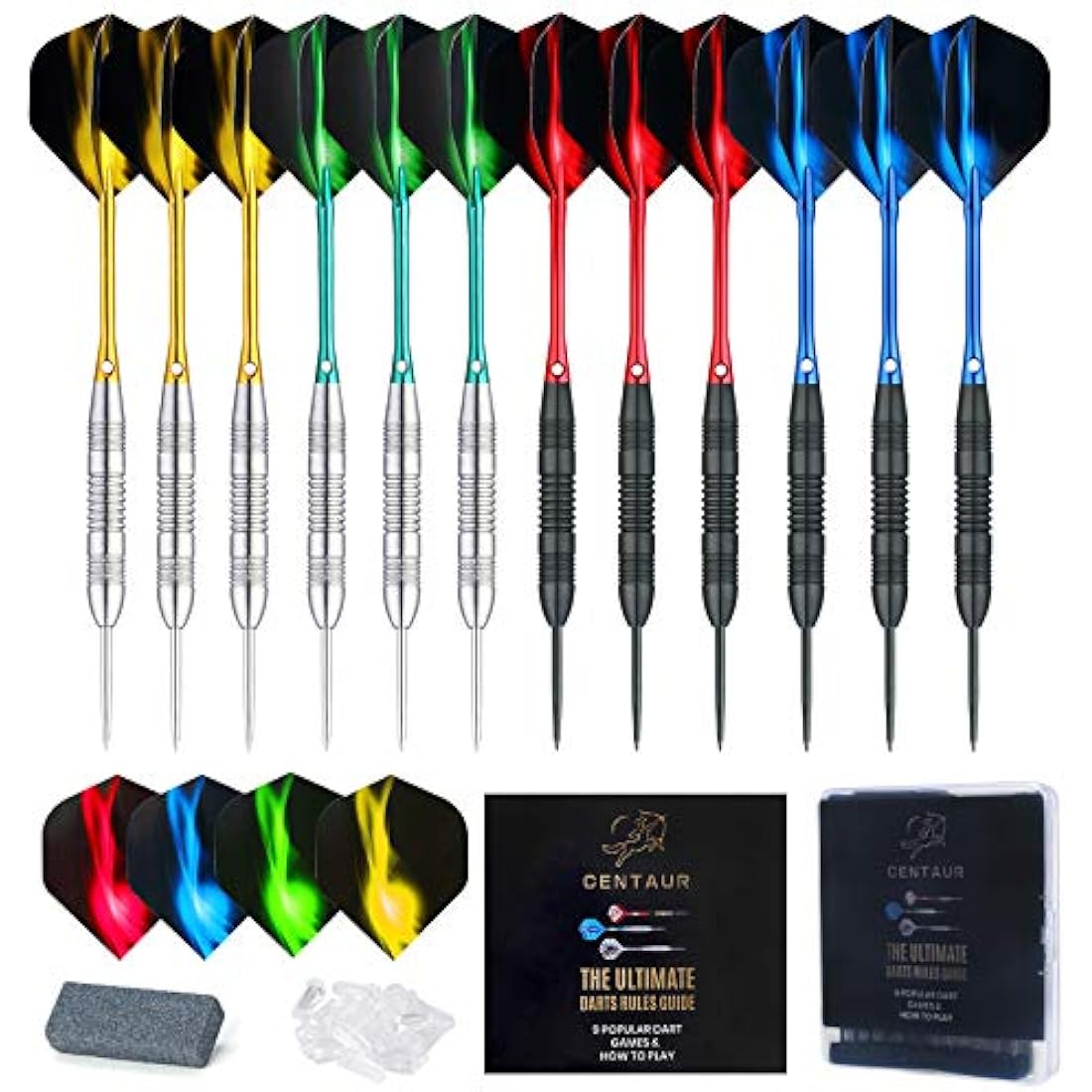 centaur 12 Pack Steel Tip Darts, Professional 22/24 Grams Metal Dart Set with 4 Color Premium Aluminum Shafts and 4 Style PET Flights and Dart Case, Beginner or Professional Darts