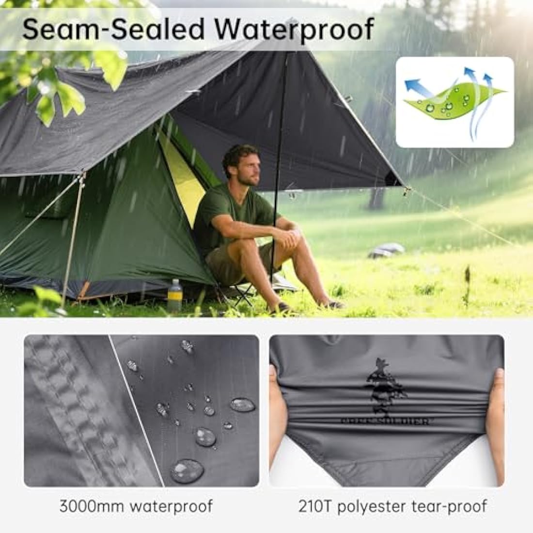 FREE SOLDIER Camping Tarp Waterproof 3m x 3.2m Large Hammock Tent Tarp Portable Tarpaulin Anti-UV Shelter Sun Block Sunshade Awning for Camping Hiking Traveling Outdoor Sports (Grey with Nails)