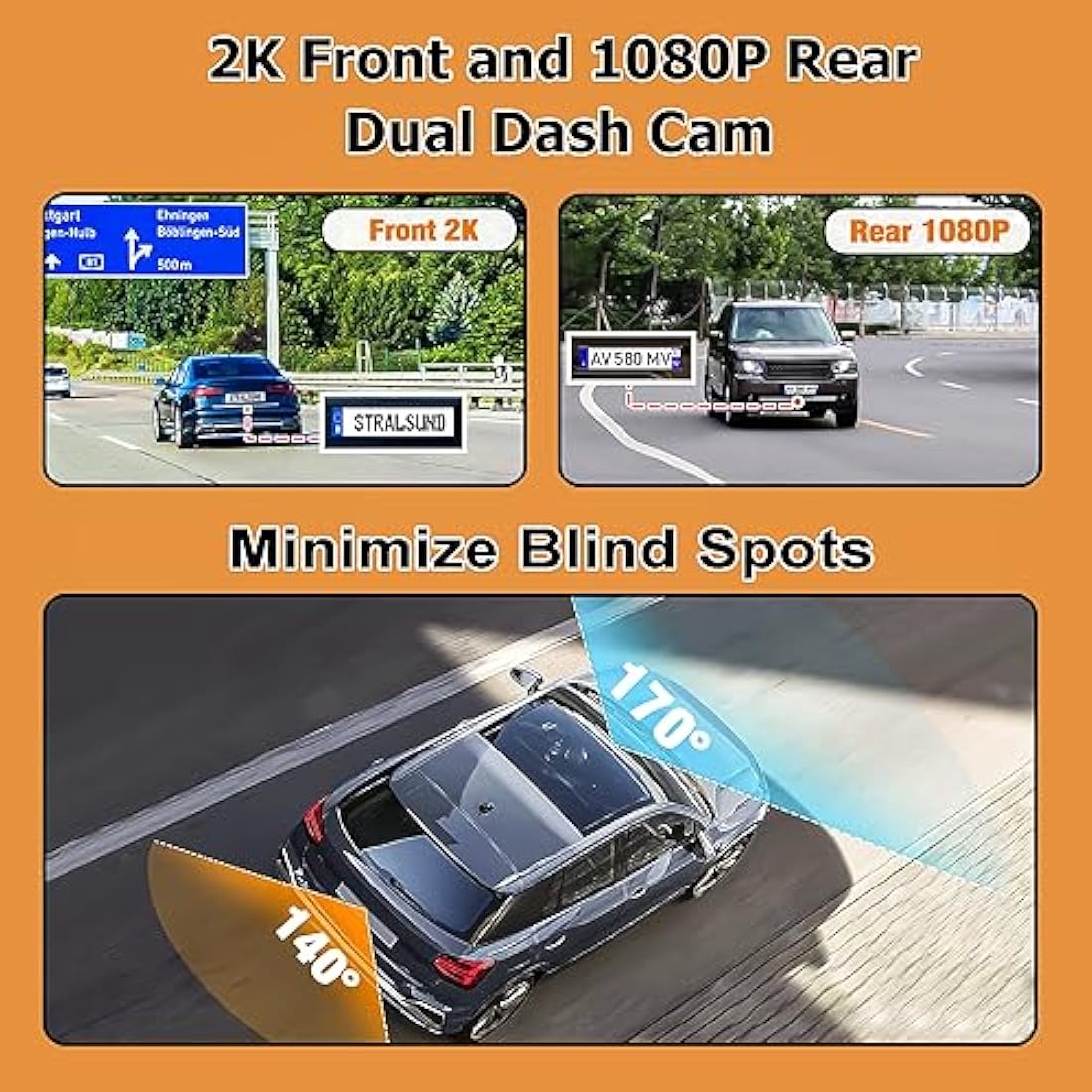 Diamond Lark Dash Cam 2K Front and 1080P Rear Built-in WiFi, Car Camera Dashcam with 32G Card, 3'' LCD Screen, 170°Wide Angle, Night Vision, WDR, 24H Parking Monitor, Loop Recording, G-Sensor