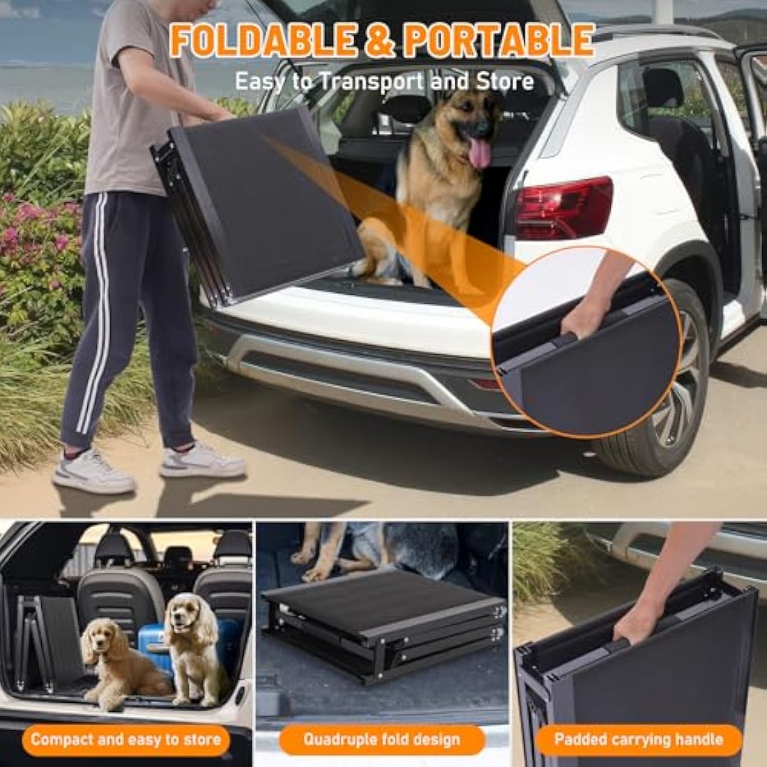 FASNATI Dog Car Ramp, Folding Dog Ramp for Car with Non-Slip Surface, Lightweight Aluminum Frame, Portable Pet Ramp for Medium, Large, and Older Dogs to Get into Cars and SUVs