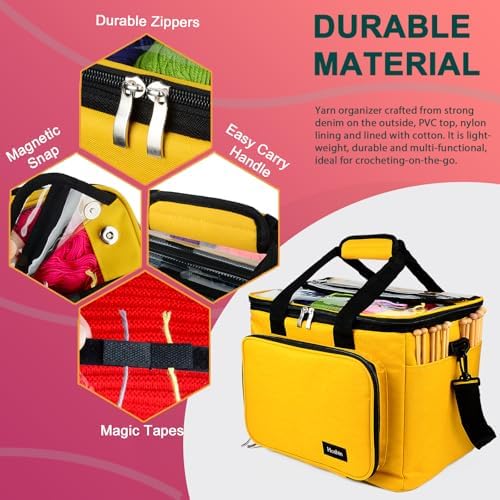 Hoshin Knitting Bag for Yarn Storage, Portable Crochet Tote Bag Yarn Organizer for Crochet Patterns and Hooks, Needles, Skeins of Yarn-Enjoy Knitting/Crocheting Anywhere(Yellow)