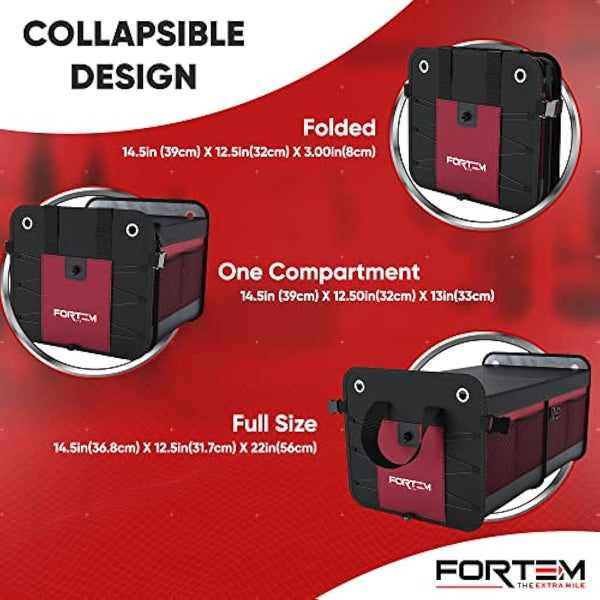 FORTEM Car Boot Organiser, Car Boot Tidy, Car Boot Storage, Collapsible Multi Compartment Car Organiser, Non Slip Bottom, Adjustable Securing Straps, Soft Cover (2 Compartments, Red)