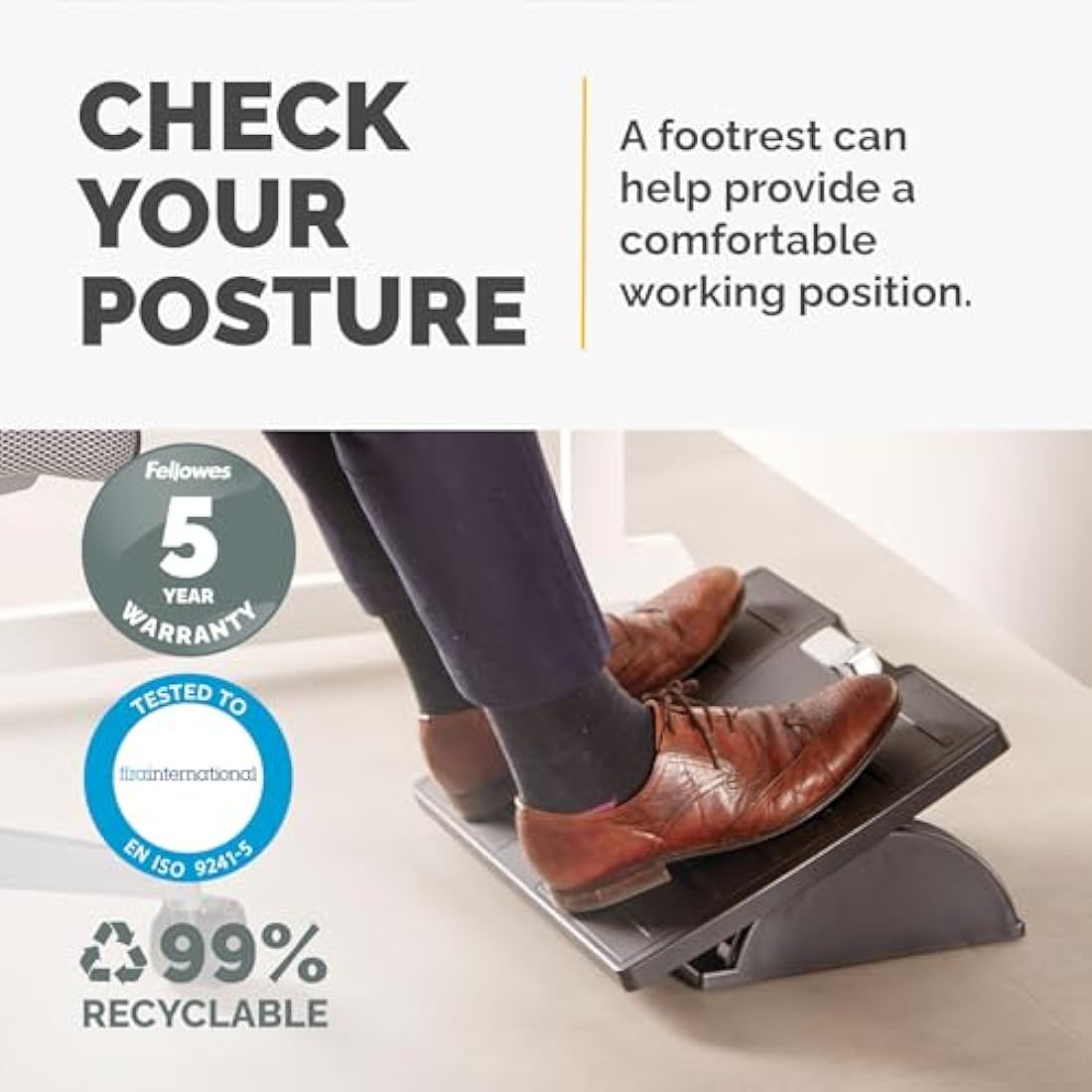 Fellowes Office Suites Foot Rest for Under Desk - Ergonomic Foot Support with Antibacterial Microban Technology for Office & Home Use - Black
