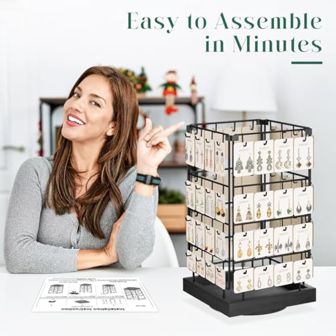 EsLuker.ly Rotating Earring Display Holder Stand for Vendors Events Selling, Large Capacity 64 Hooks Jewelry Rack with Wooden Base for Earring Card Sales, Enhances Retail Visibility (Black+Black)