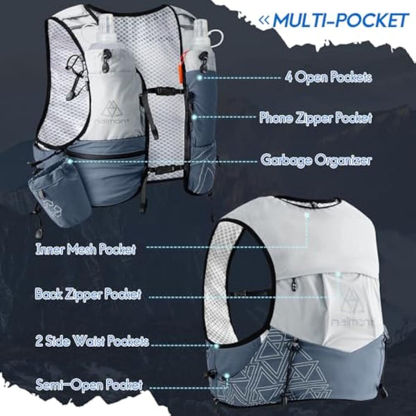 Haimont Hydration Running Vest with Water Bottles for Women Men, Adjustable Lightweight 8L Water Backpack with Soft Flasks for Trail Running Marathon