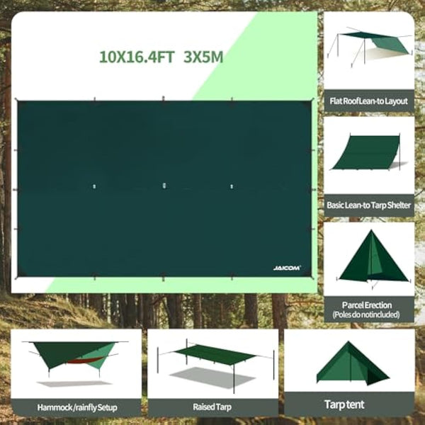 JAICOM 3 x 5m Waterproof PU3000mm-Anti-UV Camping Tarp, Green, Polyester, TARP, Tarp, For Camping, Picnic, Beach